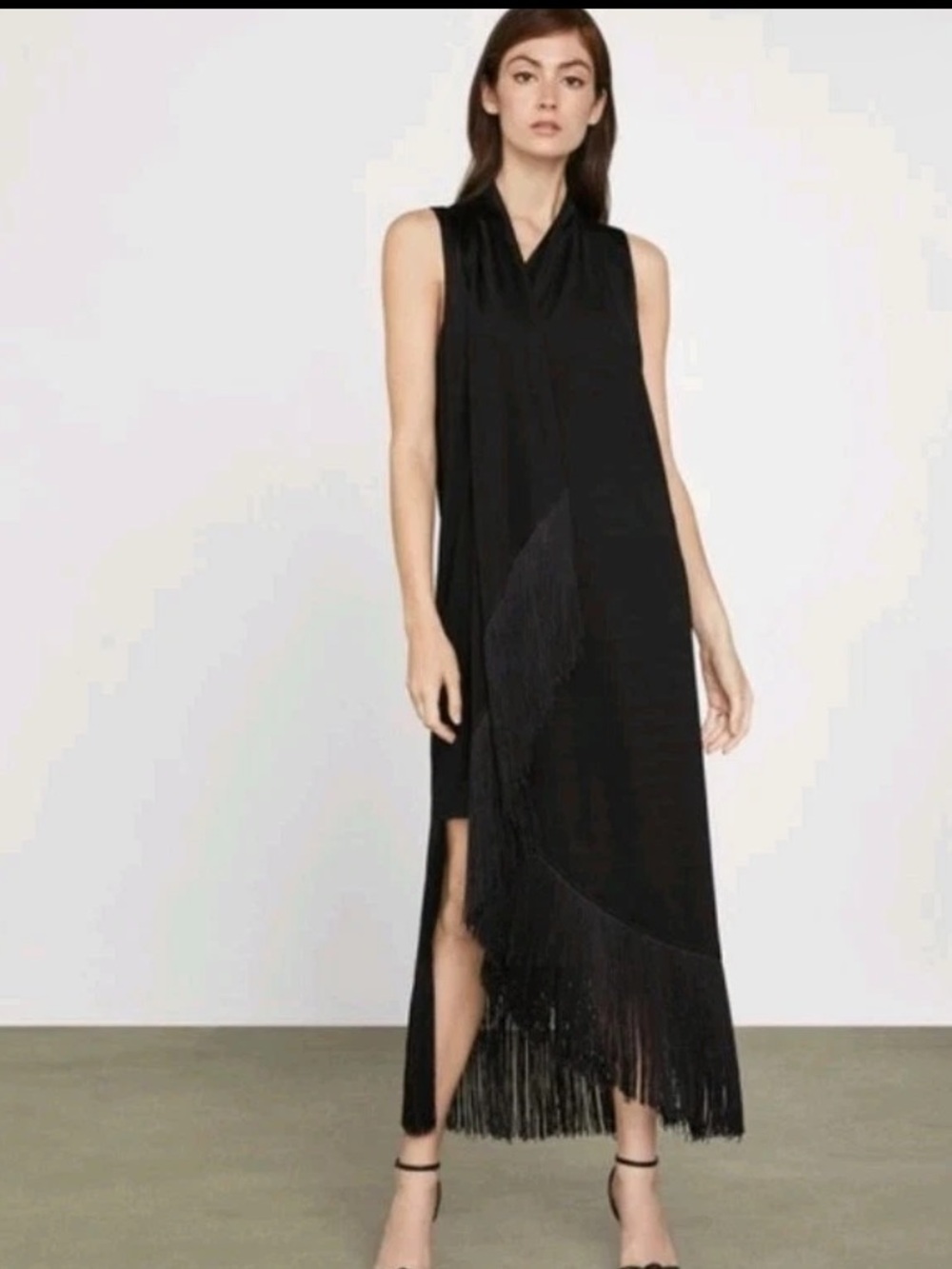 NWT BCBG MAXAZRIA Black Maxi Dress Fringe Hem SM Modern Minimalist